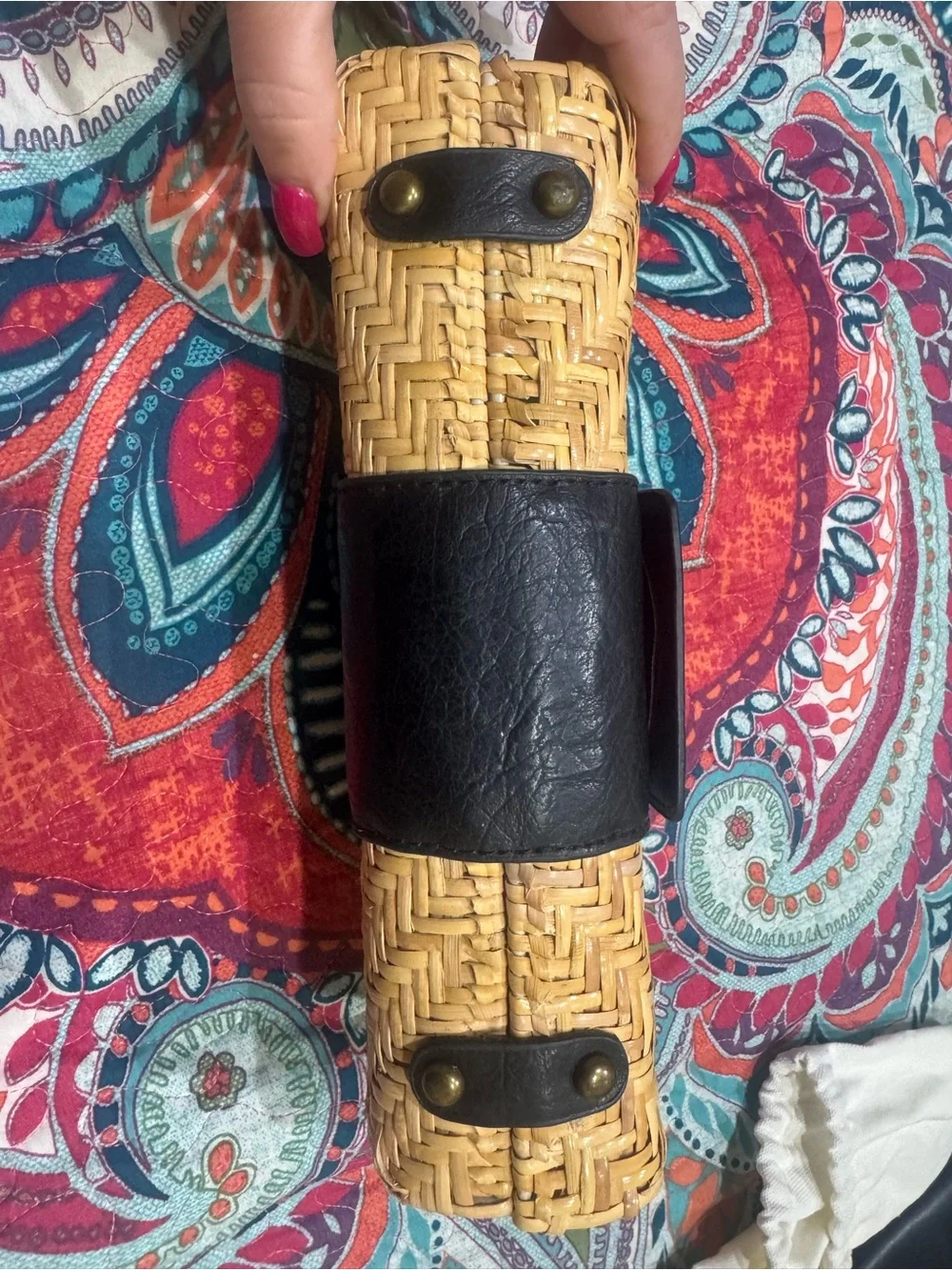 Woven Straw Clutch with Black Leather Accent